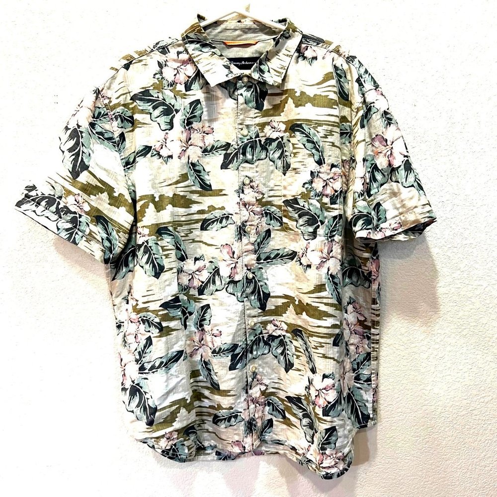 Tommy Bahama Hawaiian Linen Shirt Men's Size 2XL Floral Button-Up Short Sleeve